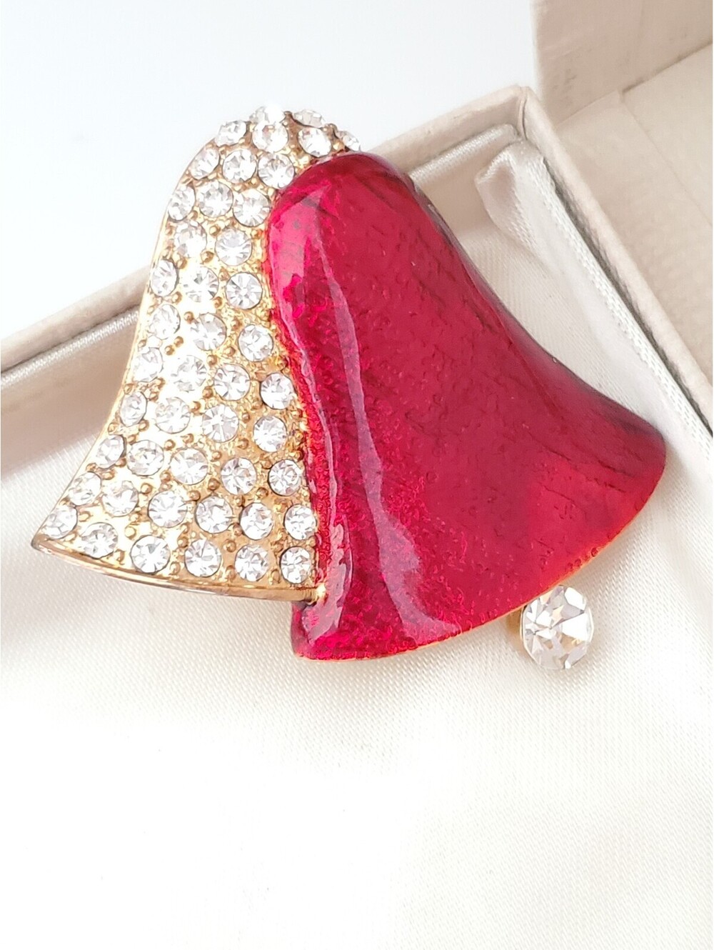 Vintage Red Enamel and Rhinestone Eisenberg Ice Double Bell Brooch